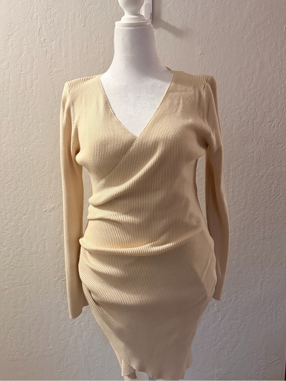 SHEIN Cream Ribbed Wrap-Front Mini Dress